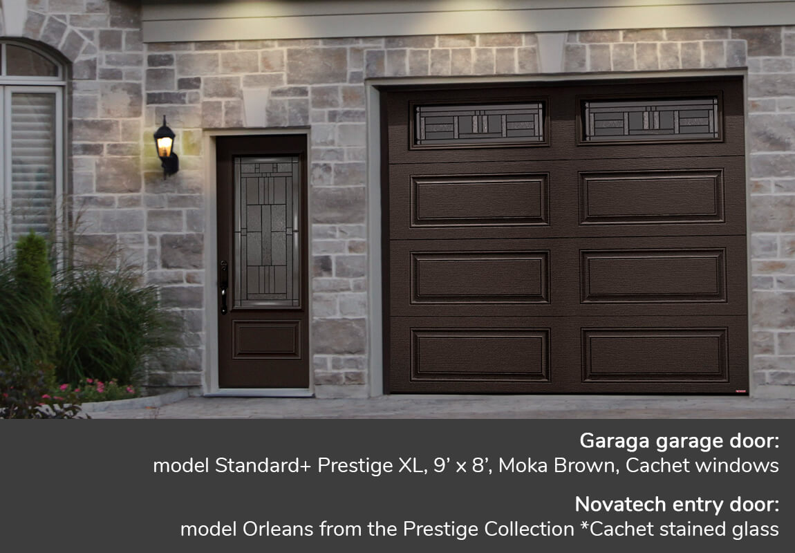 GARAGA garage doors | Standard+, Moka Brown, Prestige, 9' x 7' | Novatech Entry door